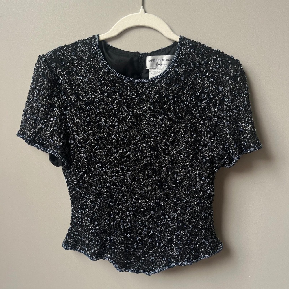 Vintage Top Women's Medium Silk Beading Black Blue Dark Feminine 90s Cropped Fit